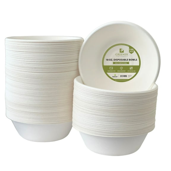 Greener Settings Compostable Disposable Paper Bowls, 18 oz, White, 150 Count