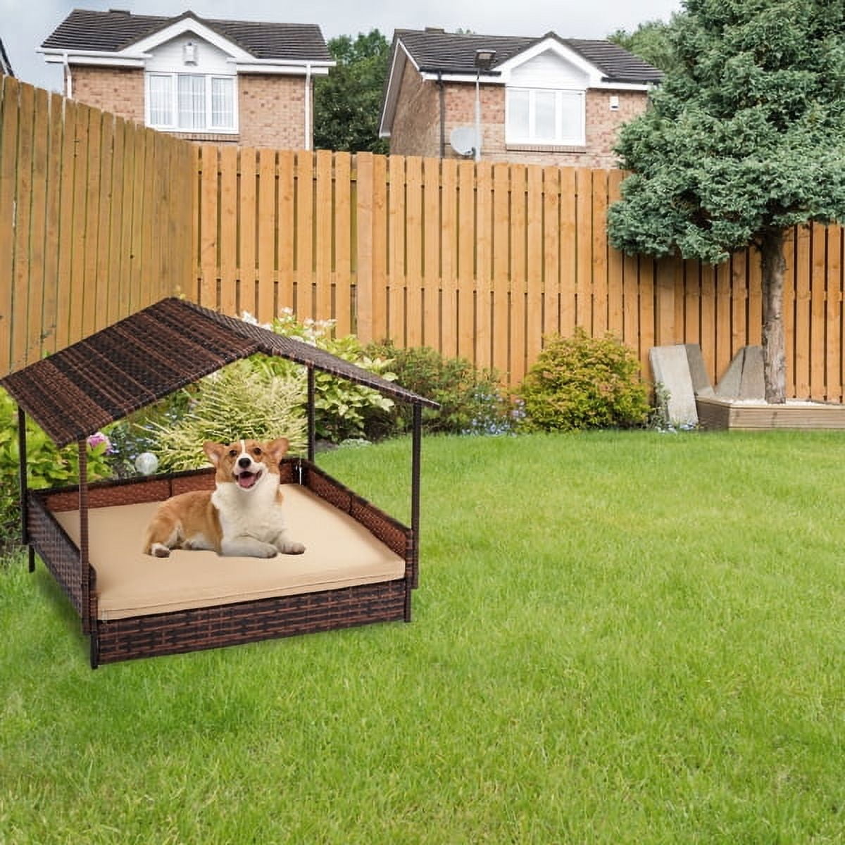 Dog House, Elevated Rattan Dog Bed with Canopy and Washable Cushion Cover, Indoor Outdoor Raised Pet House for Small Medium Dogs Cats, Brown