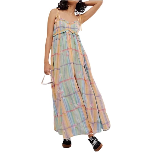 Brewee Robe Bohème à Imprimé Floral Été 2024 pour Femmes Bretelles Spaghetti Volants Robe Longue Maxi de Plage