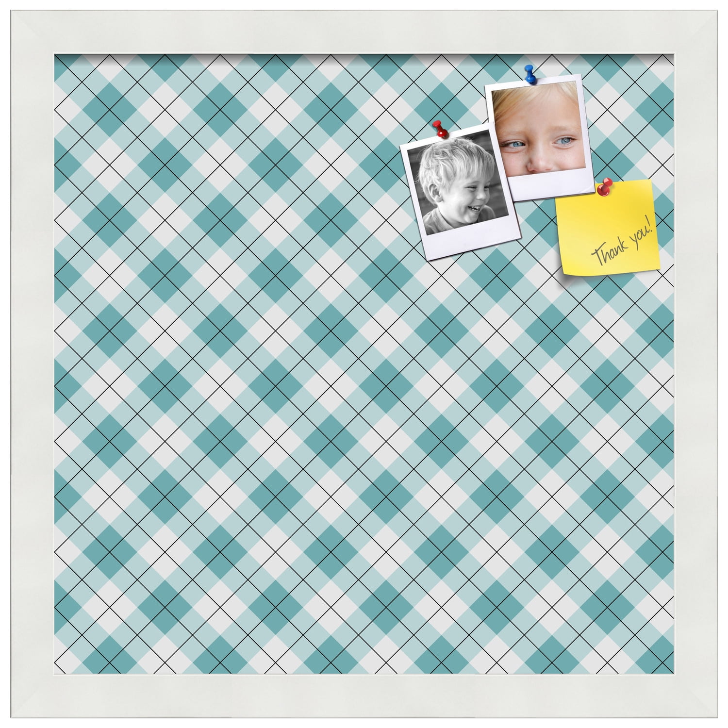 PinPix ArtToFrames 12x12 Custom Cork Bulletin Board Argyle Turquoise   Poster Board Has a Fabric Style Canvas Finish, Framed in Satin White Frame (PinPix-648)