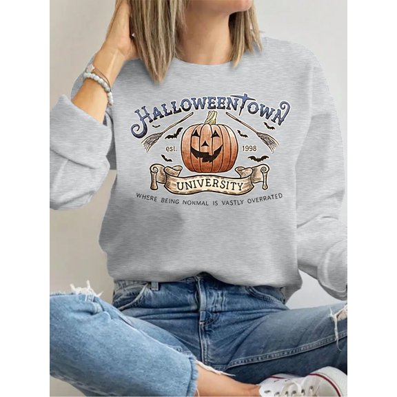 Pumpkin Print Halloween Shirt Long Sleeve Shirts For Women Gray One-Piece