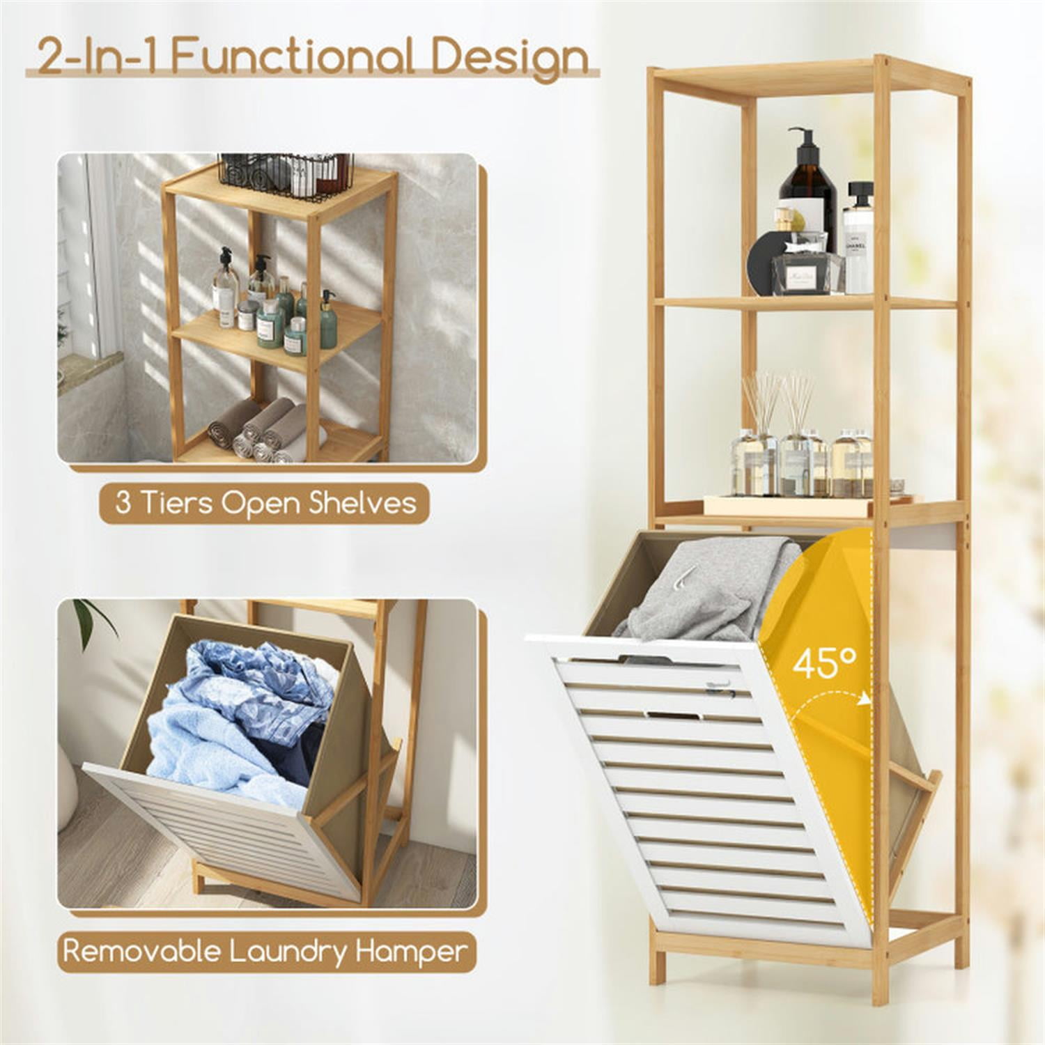 Demi Bonn 4-Tier Bamboo Storage Shelves, Bathroom Storage Shelf with Laundry Hamper, Freestanding Bathroom Cabinet for Living Room/Hallway, Beige
