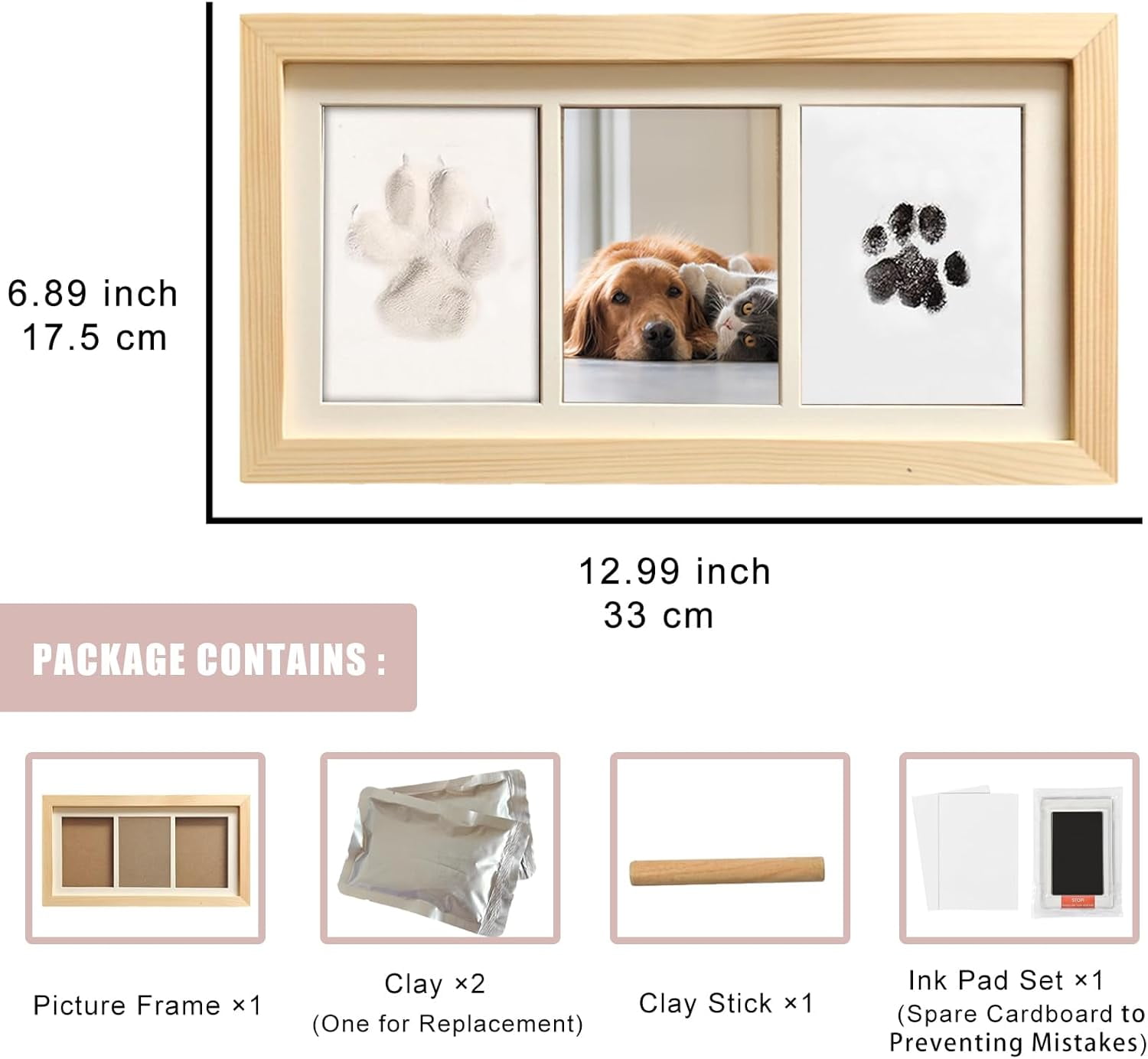 Zeokiar Paw Print Impression Kit for Dogs and Cats, 2 Clay, Large Ink Pad, Wooden Picture Frame, Pet Memorial Keepsake, Gift for Pet Owners & Lovers