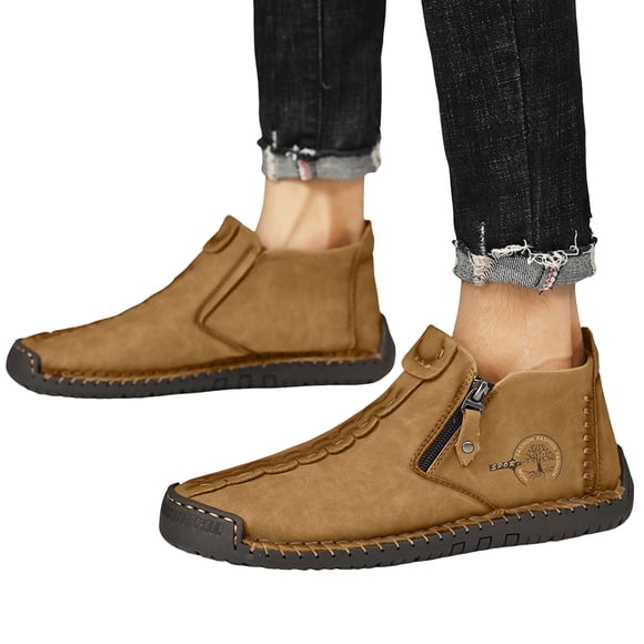 Dakaela Mens Casual Leather Shoes Chukka Ankle Boots Lightweight Slip on Loafers Mid Top Walking Driving Hiking Work Shoes Yellow 9