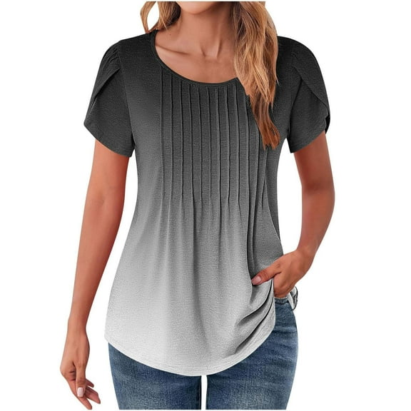 Seductiva Women's Classic-Fit Short Sleeve Tops for Women Trendy Petal Sleeves Pleated Crew Neck Tunic Blouses Cute Floral Gradient Graphic Tees Summer Shirts Casual Dressy Fashion Trendy Clothes