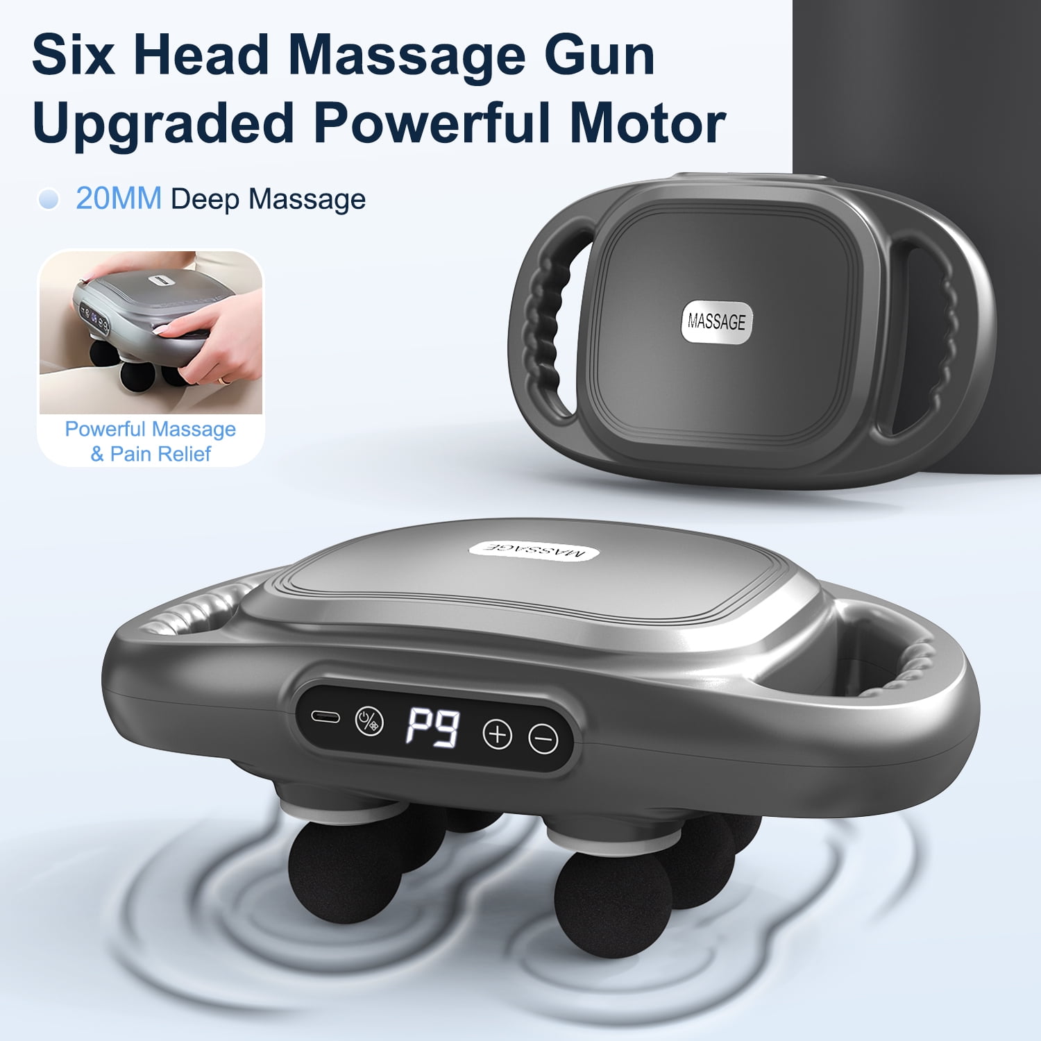 Cshidworld Massage Gun, 6 Head Deep Tissue Quiet Massager, Portable Muscle Massage Gun for Back Neck Muscle Relieve, 9 Levels Speed Modes, Digital Display 6 Massage Heads Link Drive System，Grey