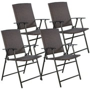 GHP Pack of 4 Brown 250Lbs Capacity Folding Rattan Steel Frame Outdoor Patio Chairs