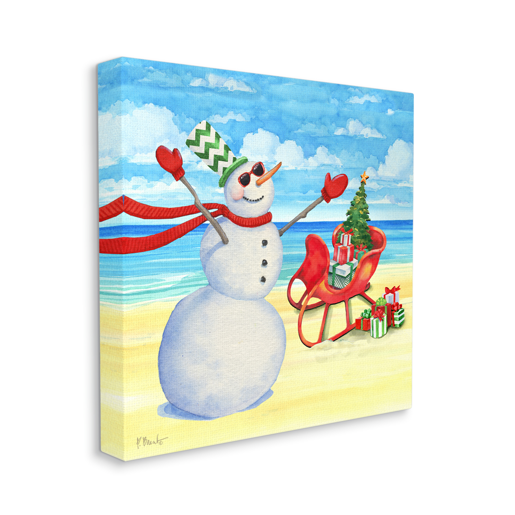 Stupell Industries Snowman on Beach Scene Holiday Painting Gallery Wrapped Canvas Print Wall Art, 17 x 17