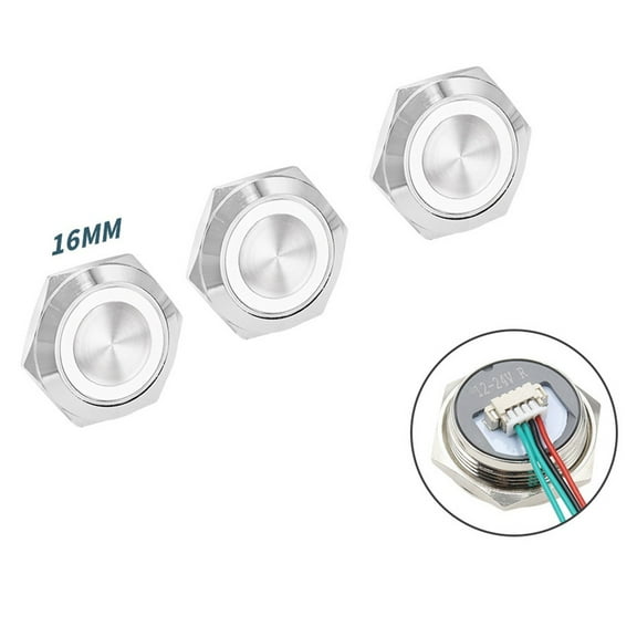 3pcs 16mm Push Button Switch LED Light 12V 24V Momentary Waterproof with Wire