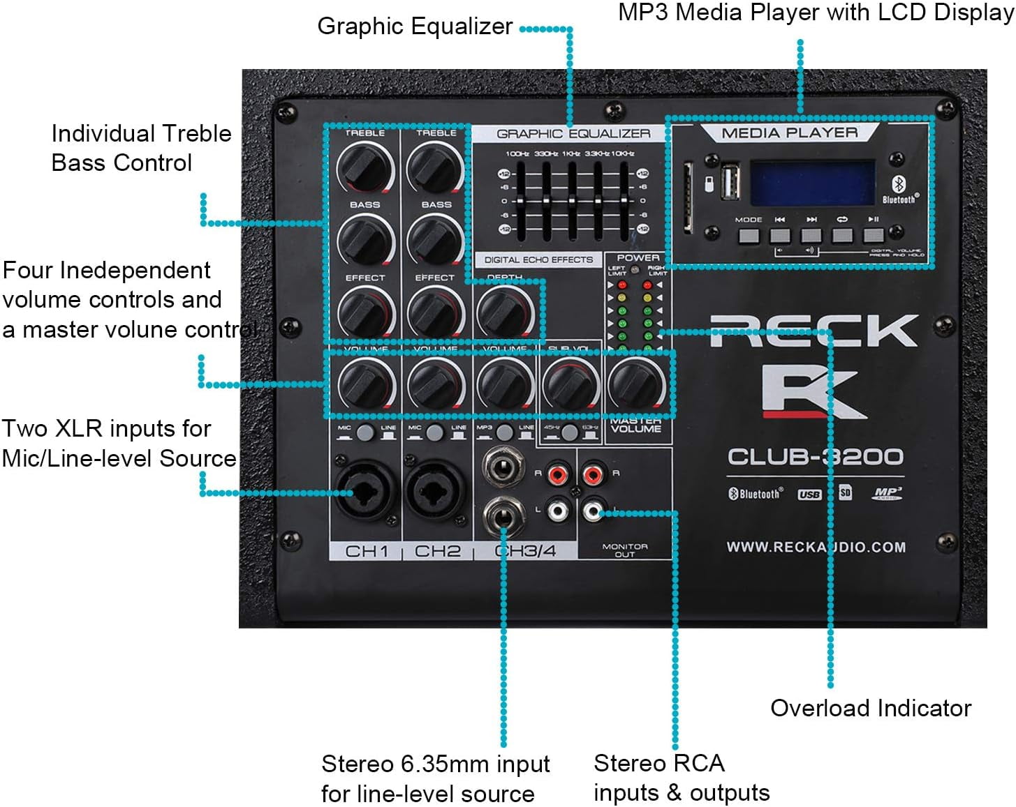 PRORECK Club 3200 12-Inch 4000 Watt DJ/Powered PA Speaker System Combo Set with Bluetooth/USB/SD Card