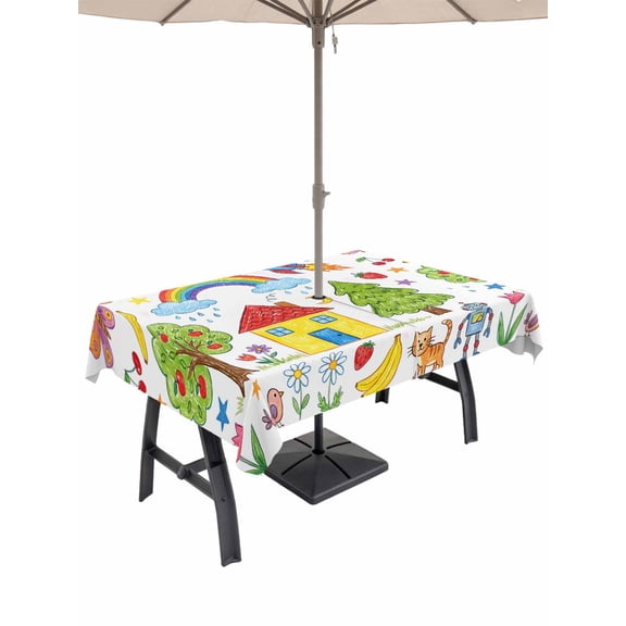 Outdoor Tablecloth with Umbrella Hole for Patio/Picnic/Party/Camping, Children's Day Waterproof Table Cloth Rectangle Table Cover Washable, Cartoon Painting Rainbow Rocket Butterfly (60"x 102")