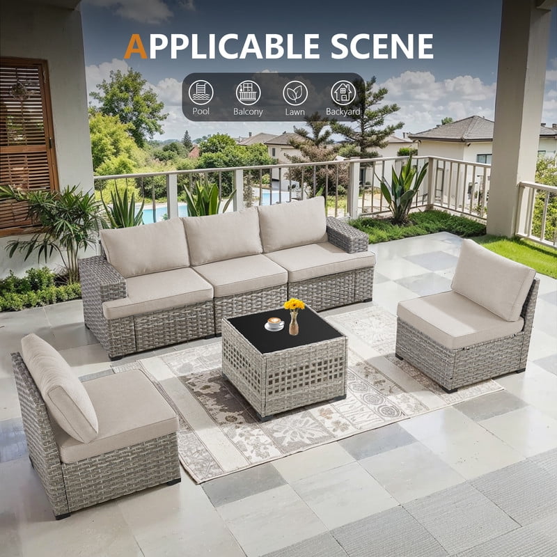 PARKWELL 6 Pieces Outdoor Modular Furniture Sets,Patio Sectional Sofa Set with Coffee Table,All-Weather Rattan Wicker Conversation Set for Backyard Deck,Taupe/Beige