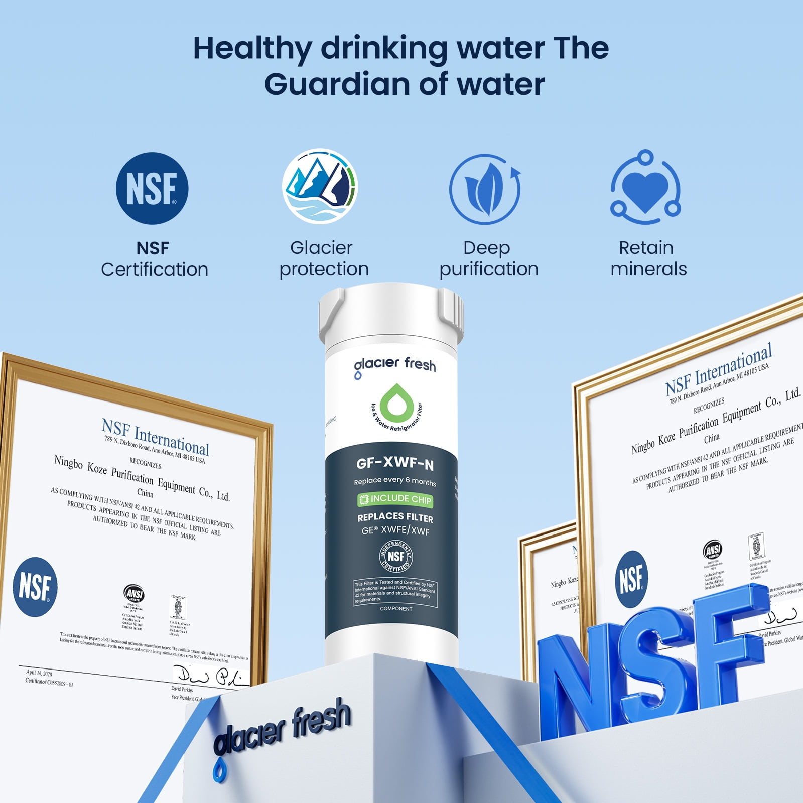 Glacier Fresh XWFE Water Filter, Replacement for GE XWFE, XWF Genuine Ge Refrigerator Compatible with GE French-door - 4 Pack(with chip)