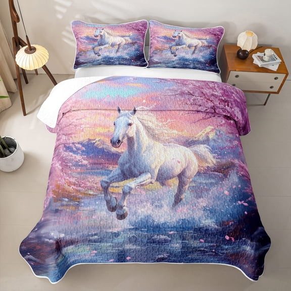 Homewish Chic Horse Twin Quilt Set for Girls, Pink Cherry Blossoms Twin Coverlet Set, 2 Pieces, 1 Comforter and 1 Pillowcase