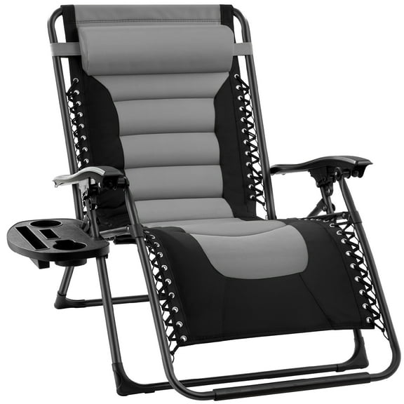 Best Choice Products Oversized Padded Zero Gravity Chair, Folding Outdoor Patio Recliner w/ Headrest, Side Tray - Gray
