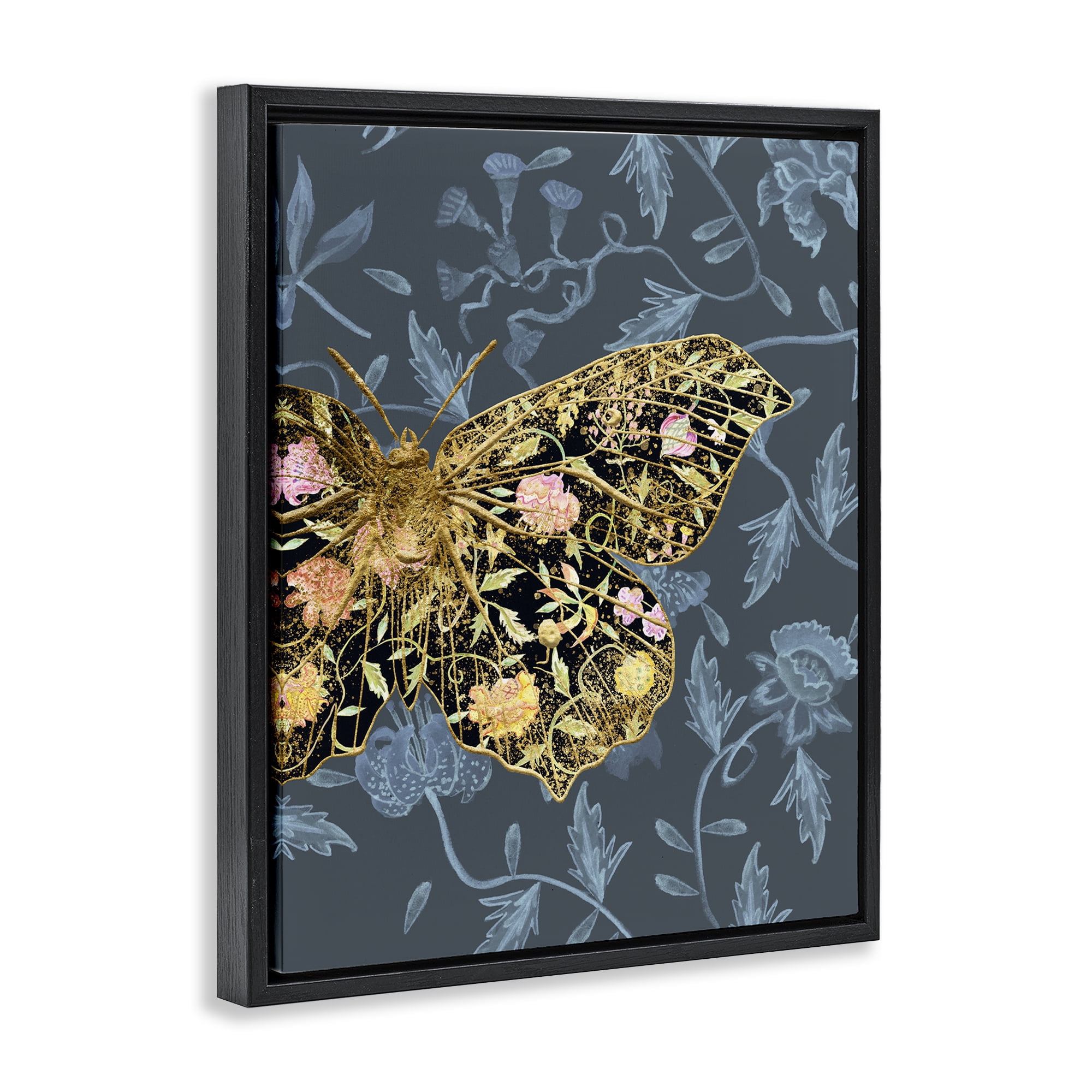 Stupell Industries Blue & Gold Butterfly Animals & Insects Painting Black Floater Framed Canvas Art Print Wall Art, 17 x 21
