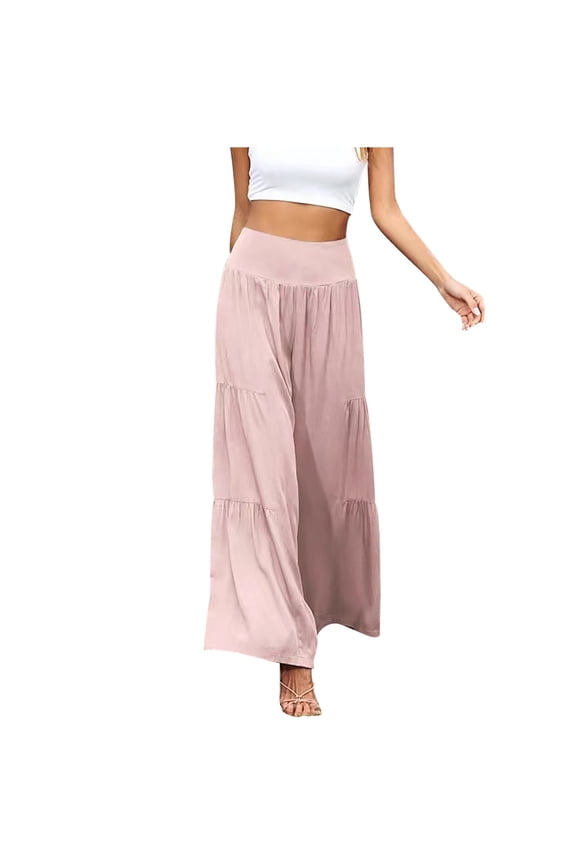 Women Pant Fashion Casual High Waist Elastic Waist Solid Color Ruffle Wide Leg Long Pants Sale Items