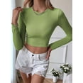 thumbnail image 5 of Women'S Backless Long Sleeve Ribbed Knit Crop Top Slim Fit Crew Neck Twist Back Cut Out Fitted Shirt Green L, 5 of 8