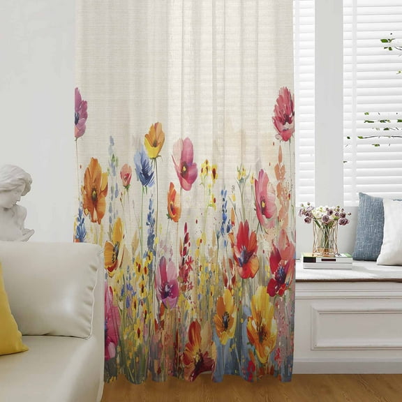 Pastoral Botanical Semi Sheer Curtains Drapes for Living Room,Bedroom,French Doors Window 45 Inches Long,Watercolor Spring Summer Flowers Rustic Rod Pocket Chiffon Curtain Drapery Voile Drape Panel
