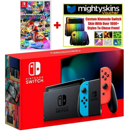 Nintendo Switch w/ Neon Blue & Neon Red Joy-Con + Mario Kart 8 Deluxe & MightySkins Voucher - Limited Bundle - Import with US Plug
