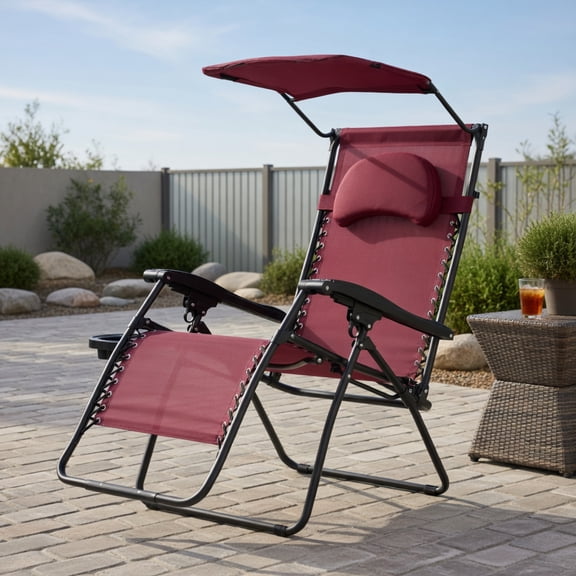 GVN Chaise Lounge Outdoor, Lounge Chair Outdoor,Folding Recliner Lounge Chair with Shade Canopy Cup Holder-Dark Red