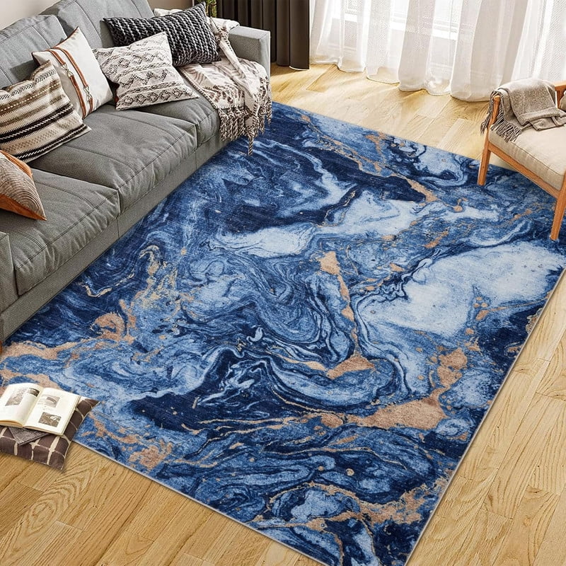 9'x12' Boho Vintage Area Rug – Soft Modern Abstract Design, Machine Washable Non-Slip Carpet for Living Room, Farmhouse, Kids Room & Dining Room Blue
