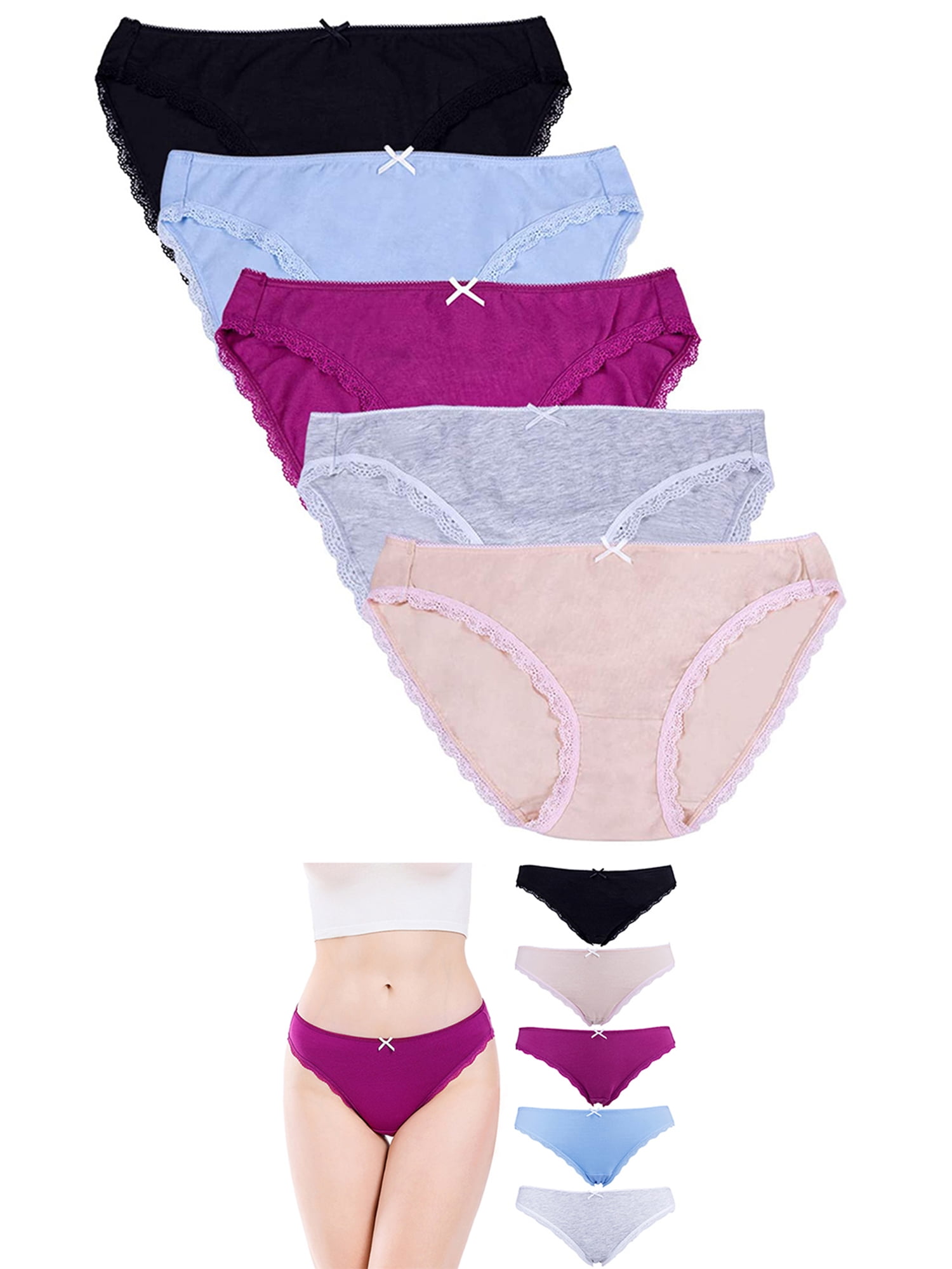 Women Fashion Cotton Underwear Lace Bikini Non-marking Briefs Bowknot  Elastic Mid-waist Briefs Pack of 5