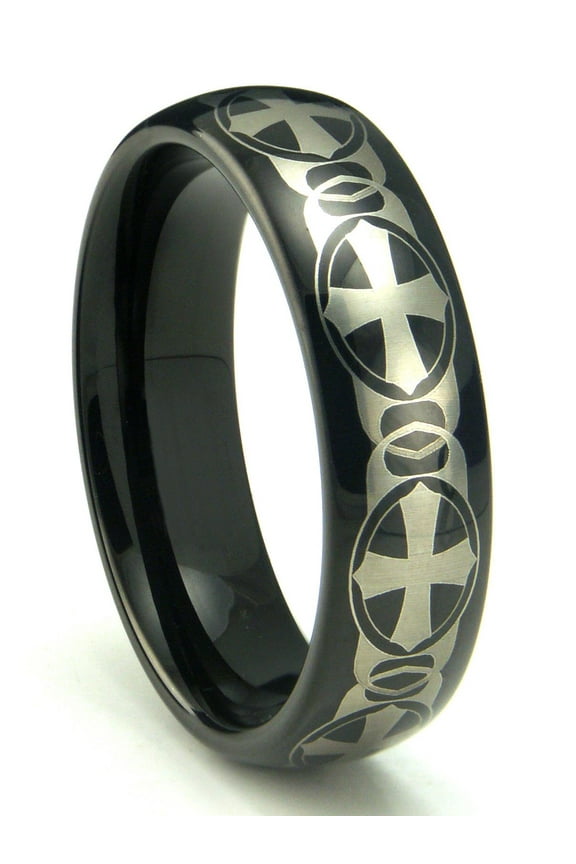 Black Tungsten Laser Engraved Celtic Cross Dome Comfort Fit Mens Wedding Band Ring Sz 8.0