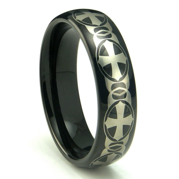 Titanium Kay Black Tungsten Laser Engraved Celtic Cross Dome Comfort Fit Mens Wedding Band Ring Sz 7.0