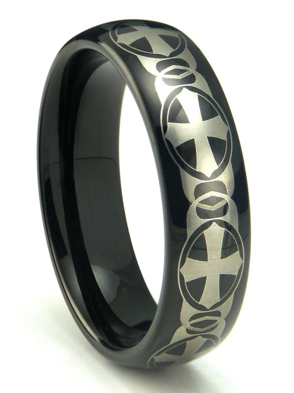 Black Tungsten Laser Engraved Celtic Cross Dome Comfort Fit Mens Wedding Band Ring Sz 7.0