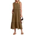thumbnail image 2 of Women Summer Casual Sleeveless Crewneck Sundress Aline Flowy Tiered Maxi Long Beach Dress Vacation Outfits Khaki L, 2 of 8