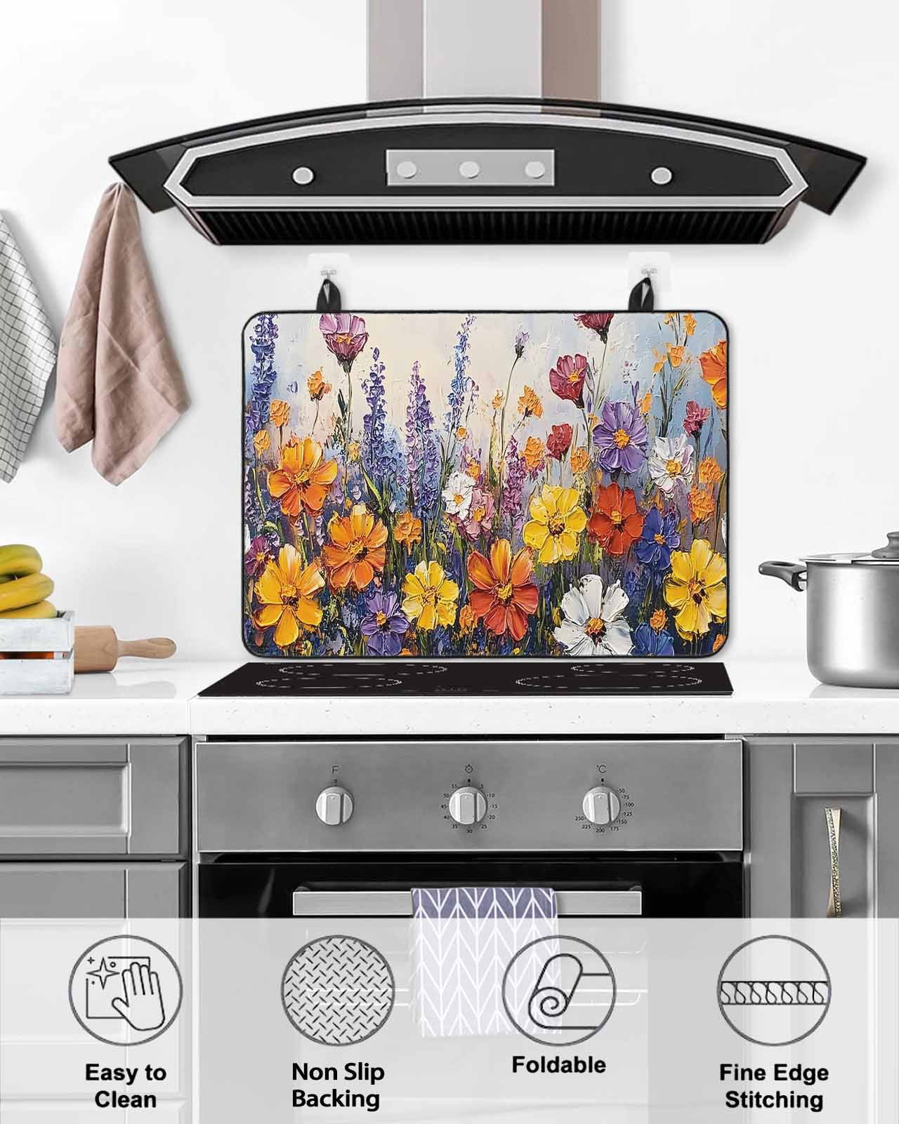 nqOlkjepod Large Induction Cooktop Protector Mat 24"x21", Botanical Flowers Stove Top Covers for Electric Stove, Farmhouse Floral Herbs Oil Painting Stove Burner Cover Mats, Glass Top Stove Cover