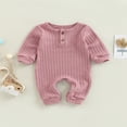thumbnail image 2 of Toddler Baby Rompers Solid Color Knit Casual Button Crew Neck Long Sleeve Jumpsuit for Newborn Girl Boy, 2 of 8