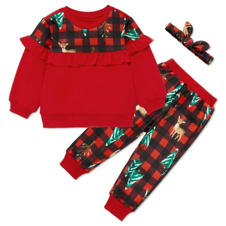 

SYNPOS 6M-4T Toddler Infant Baby Girls Fall Winter Clothes Kids Plaid Crewneck Casual Sweatshirt Tops + Pants + Headband Christmas 3PCS Outfits Set