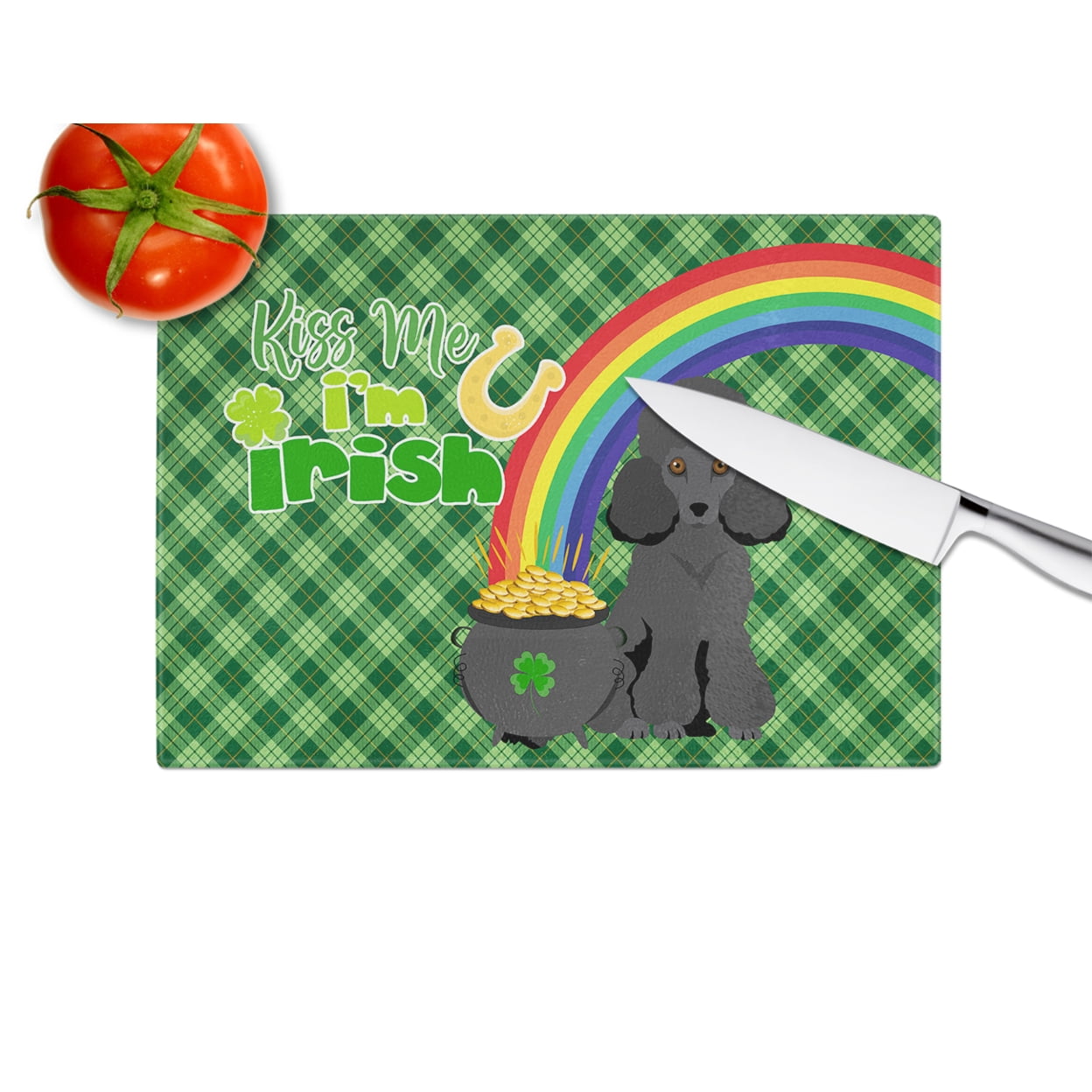 Toy Black Poodle St. Patrick's Day Glass Cutting Board Large 12 in x 15 in