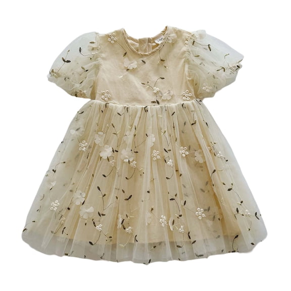 JCCXIN Toddler Baby Girls Dresses Cotton Tulle Solid Color Short Sleeves Embroider Princess Birthday Wedding Dance Floral Clothes Crew Neck Soft Photo Sundress,Beige,2-3 Years