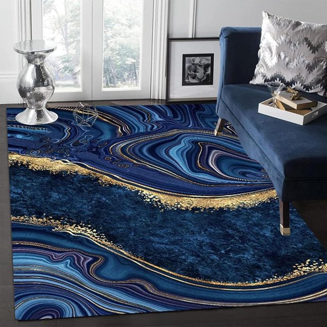 Nordic Navy Blue Gold Marble Area Carpet, Luxury Abstract Stain Resistant Living Room Rug, Soft Rug Breathable Non-Shedding Washable for Bedroom Living Room Boy Girl Decor3 x 5ft