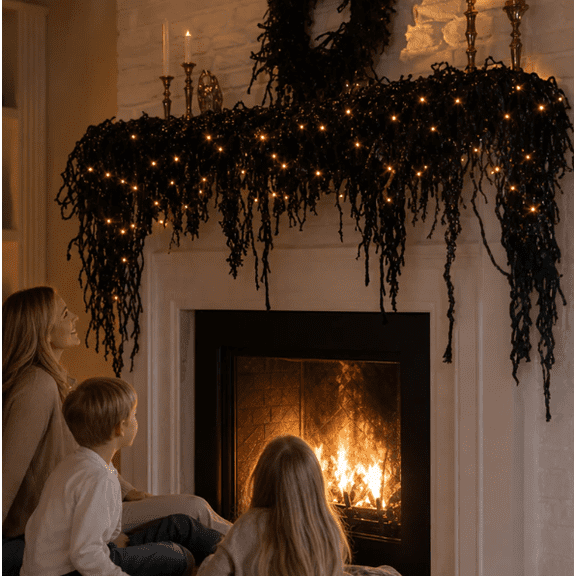 Halloween Fireplace Decor Set with LED Black Vine Lights, Spooky Haunted House Mantel Garland for Window Door Wall Halloween Party Backdrop 3.3ft