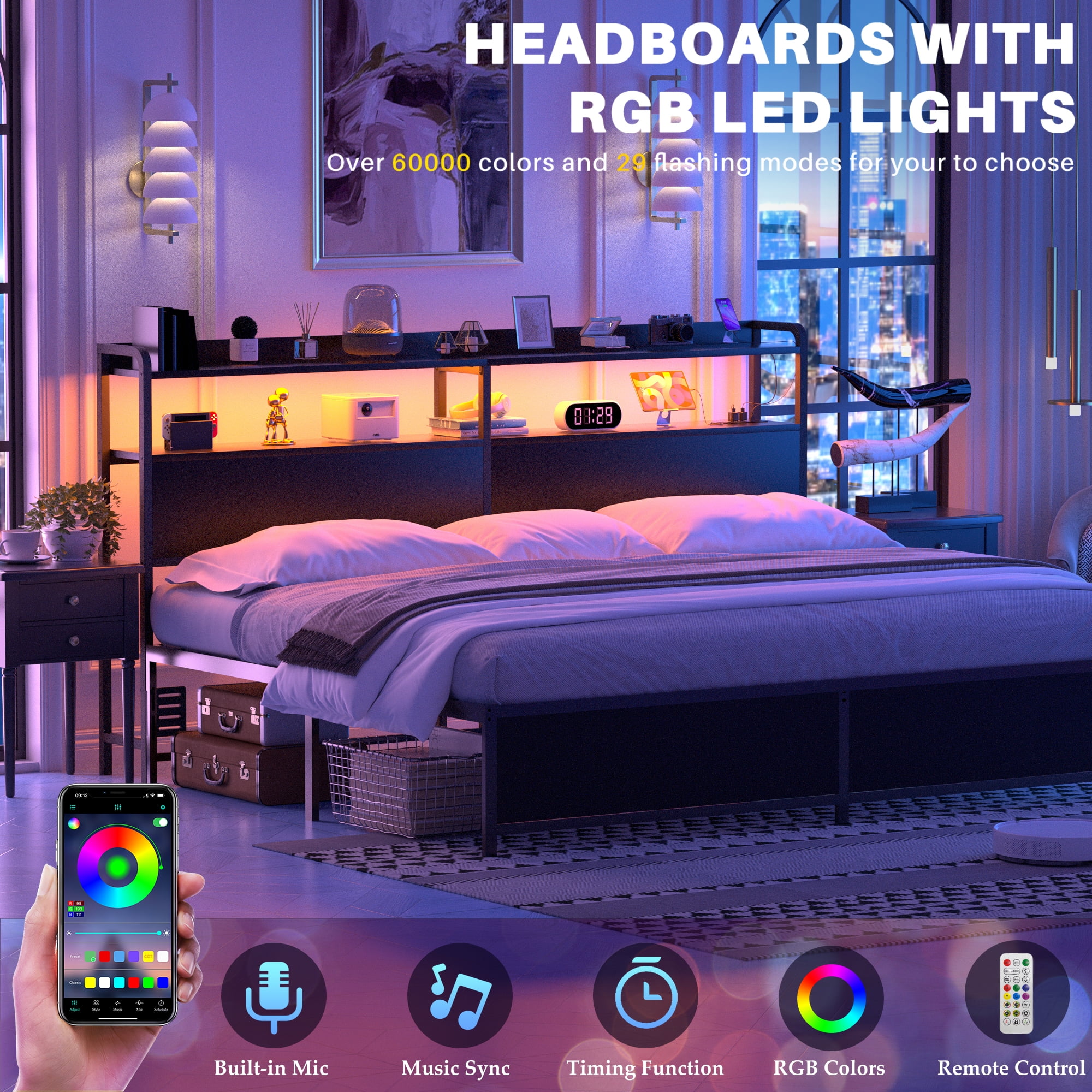 iSunrim Headboard for King Size Bed Frame, Headboard with Charging Station, USB Ports and LED Light, Headboard with Storage, Height Adjustable, King Size, Black