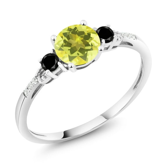Gem Stone King 10K White Gold Canary Mystic Topaz Black Diamond and White Diamond Accent 3-Stone Engagement Ring for Women (1.17 Cttw, Round 6MM, Gemstone November Birthstone, Size 5)