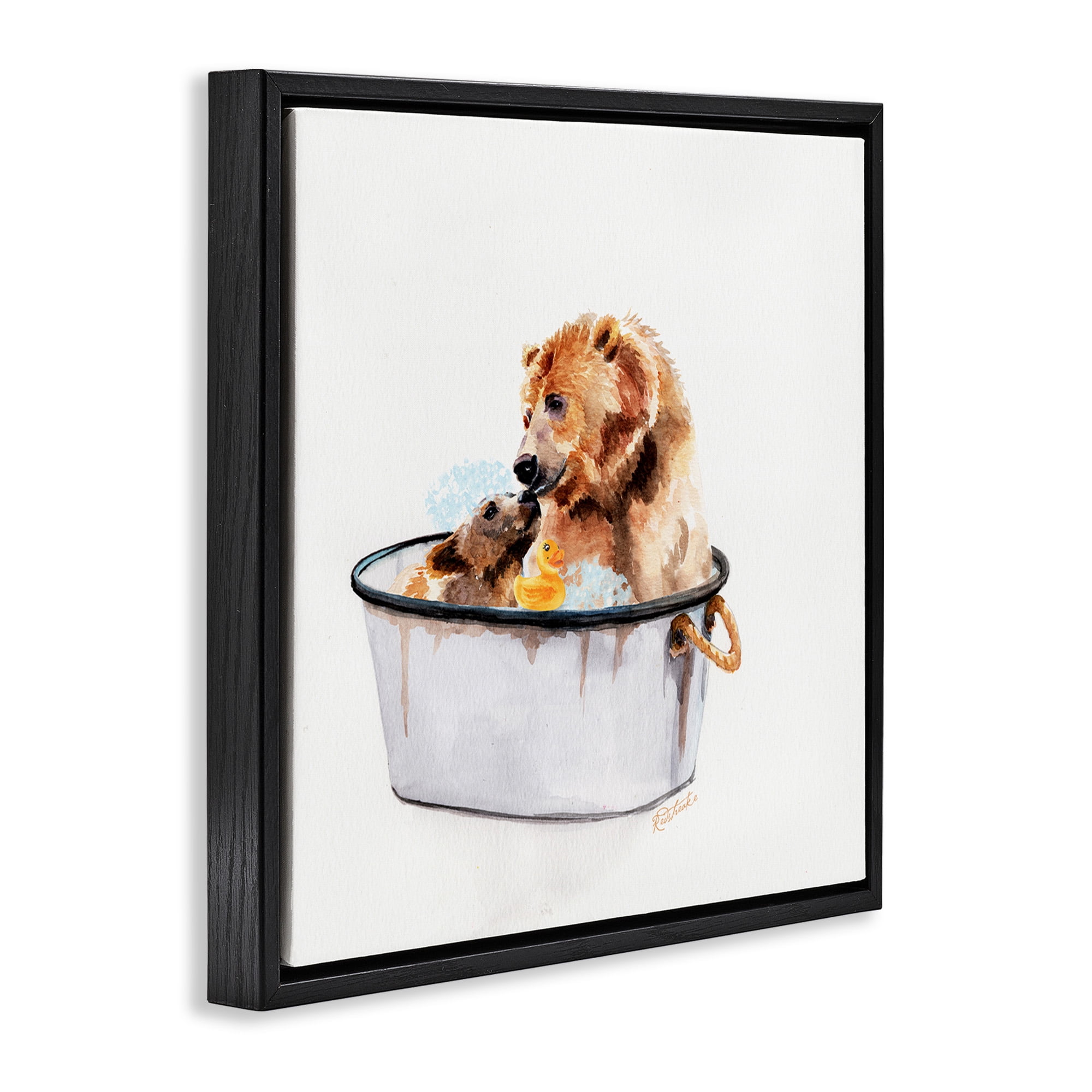 Stupell Industries Mother Bear & Cub Bathing Animals & Insects Painting Black Floater Framed Canvas Art Print Wall Art, 25 x 25