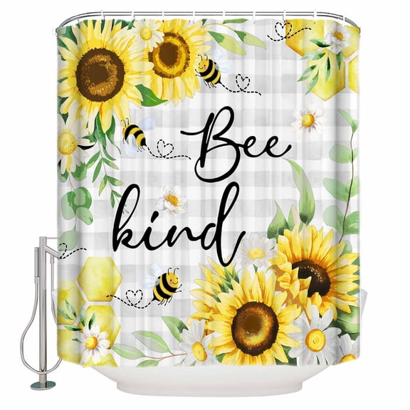 Country Daisy Flower Sunflower Shower Curtain for Bathroom, Pastoral Bee Buffalo Plaid Waterproof Shower Curtains Washable Quick Dry with Hooks Bathtub Curtains 72x72 IN