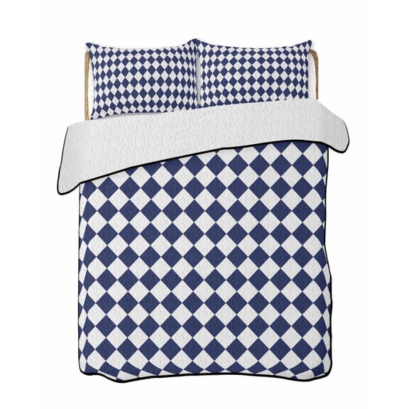 Quilts Twin Size Bedding Set, Blue Plaid Lightweight Quilted Comforter, Modern Minimalist Geometric Gingham Checkered Soft Reversible Bedspread Coverlet with Pillow Covers for All Season, 68" x 86"