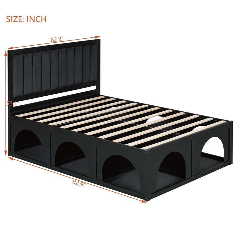 Queen Size Pet-Friendly Platform Bed with Under-Bed Pet Nooks, Heavy Duty Wooden Storage Bed Frame with Padded Headboard