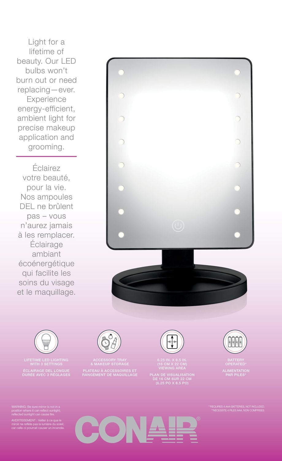 True Glow® Matte Black Lighted Makeup Mirror, Light for Flawless Look!