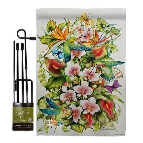 Breeze Decor BD-BI-GS-105054-IP-BO-D-US18-WA 13 x 18.5 in. Orchid Splendor with Birds Garden Friends Impressions Decorative Vertical Double Sided Flag Set with Banner Pole