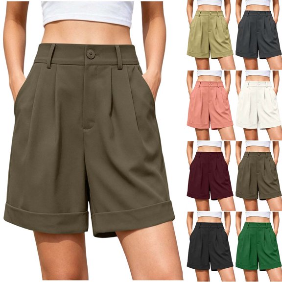 Xaqiouau Womens Solid Shorts High Waisted Dressy Casual Pleated Bermuda Shorts Summer Loose Fit Business Casual Shorts With Pockets