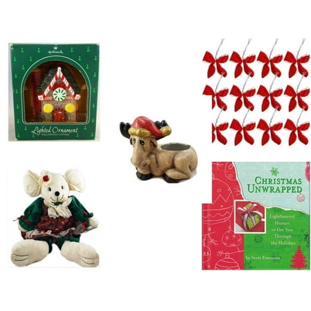 Christmas Fun Gift Bundle [5 Piece] - Hallmark Sugarplum Cottage Lighted Ornament QLX7011 - Set of 12 Red Velvet White Trim Wire Bows - Creation House Co., LTD Sad  Moose Planter -  Collection
