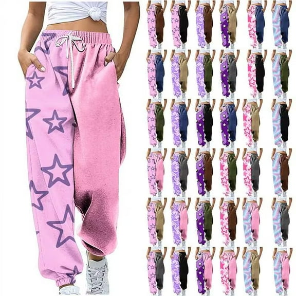 QATAINLAV Women's Lounge Stars Printed Sweatpants Casual Baggy Cinch Bottom Athletic Jogger Pants Drawstring High Waisted Trousers with Pockets Prime Today Black XXL