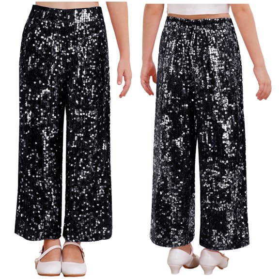 HULIJA Kids Girls Glitter Bell Bottoms Sequin Jazz Street Hip Hop Dance Pants Elastic Waist Sparkle Trousers Black 10